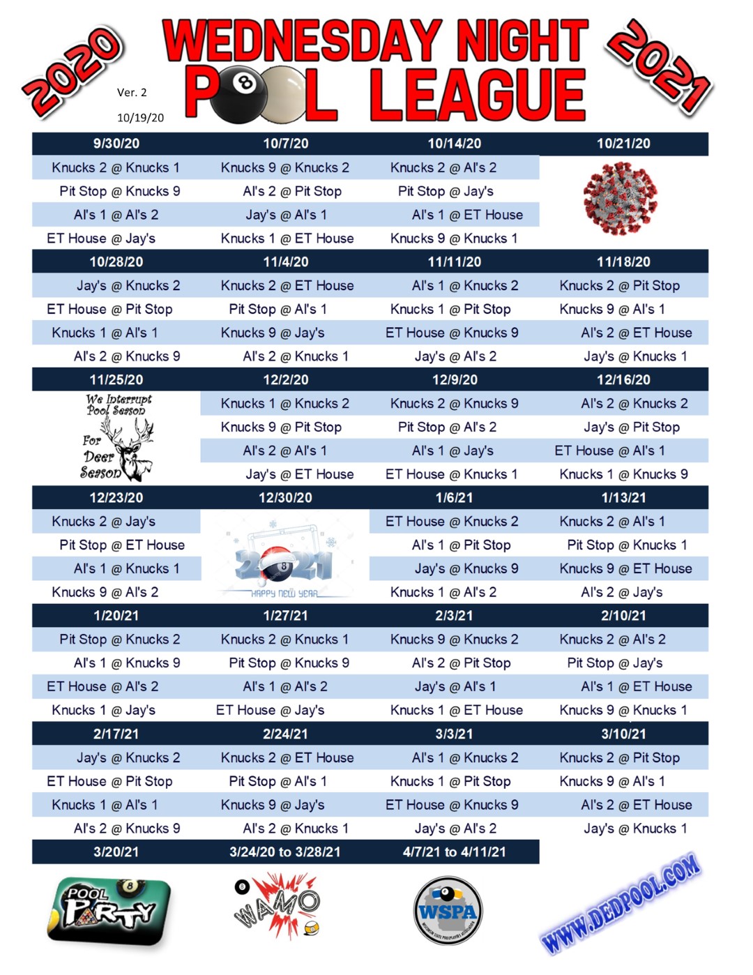 2020-2021 Wednesday Night Schedule